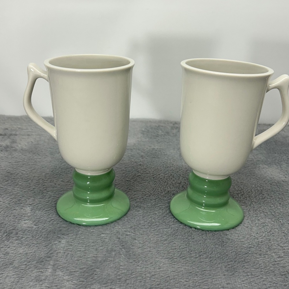 Vintage Hall China 1273 Footed Mugs White with Green Pedestal Base Set of 2 USA